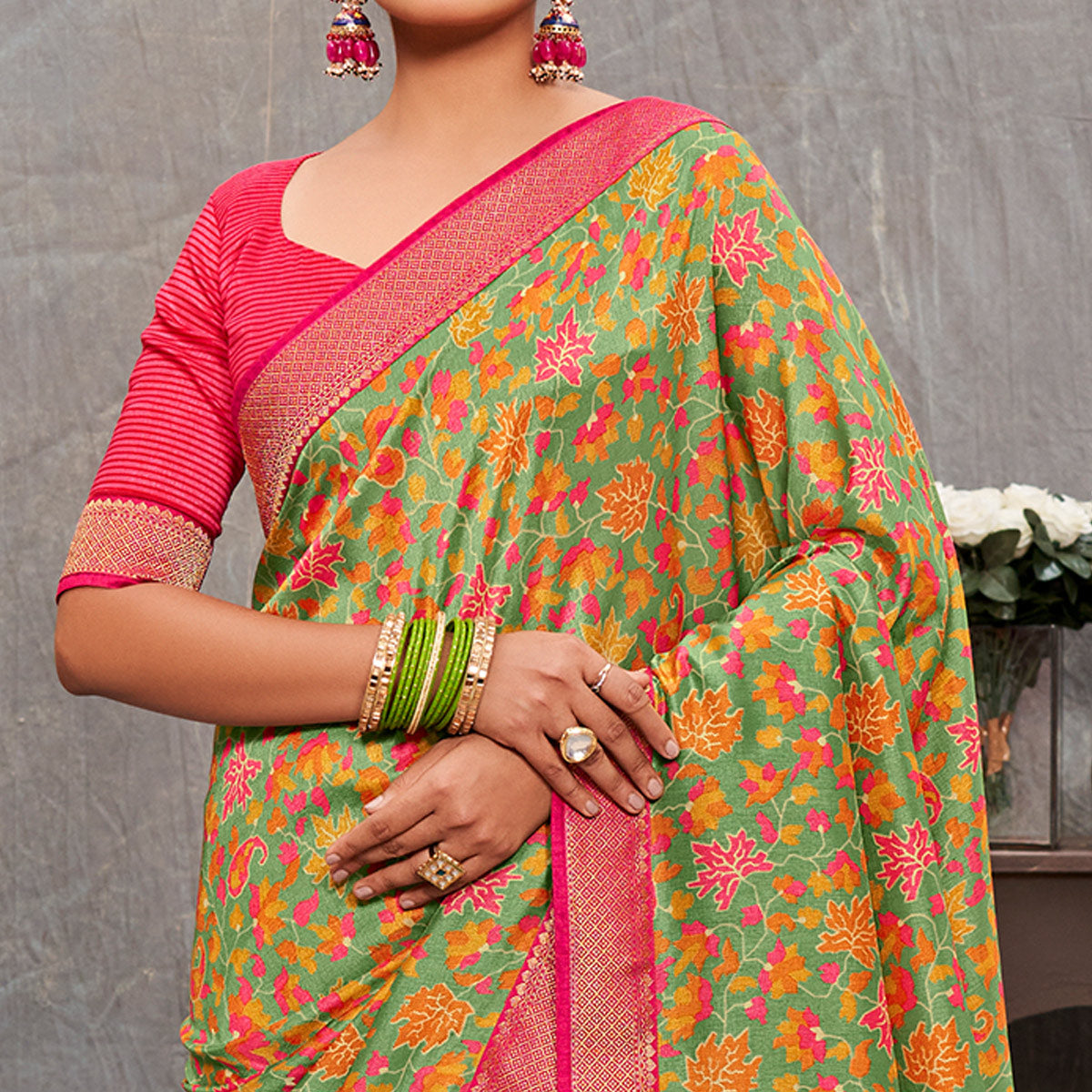 green-floral-printed-tussar-silk-saree-1