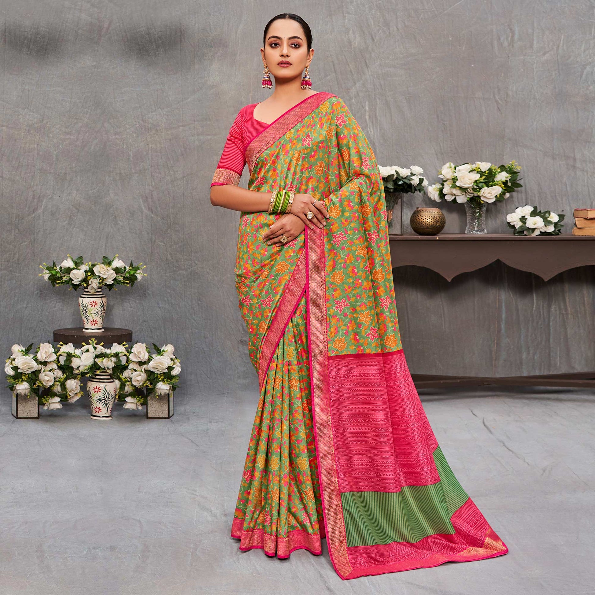 green-floral-printed-tussar-silk-saree-1