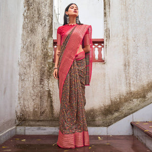 Brown Printed With Woven Border Raw Silk Saree