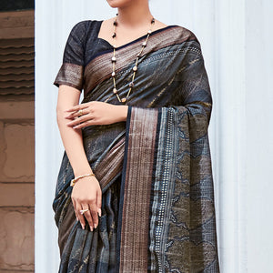 Grey Printed With Woven Border Cotton Saree