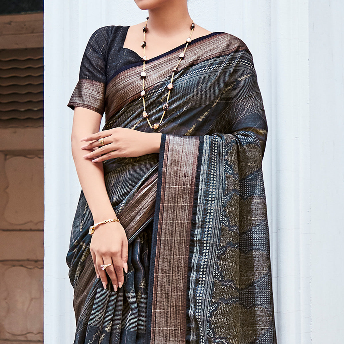 Grey Printed With Woven Border Cotton Saree