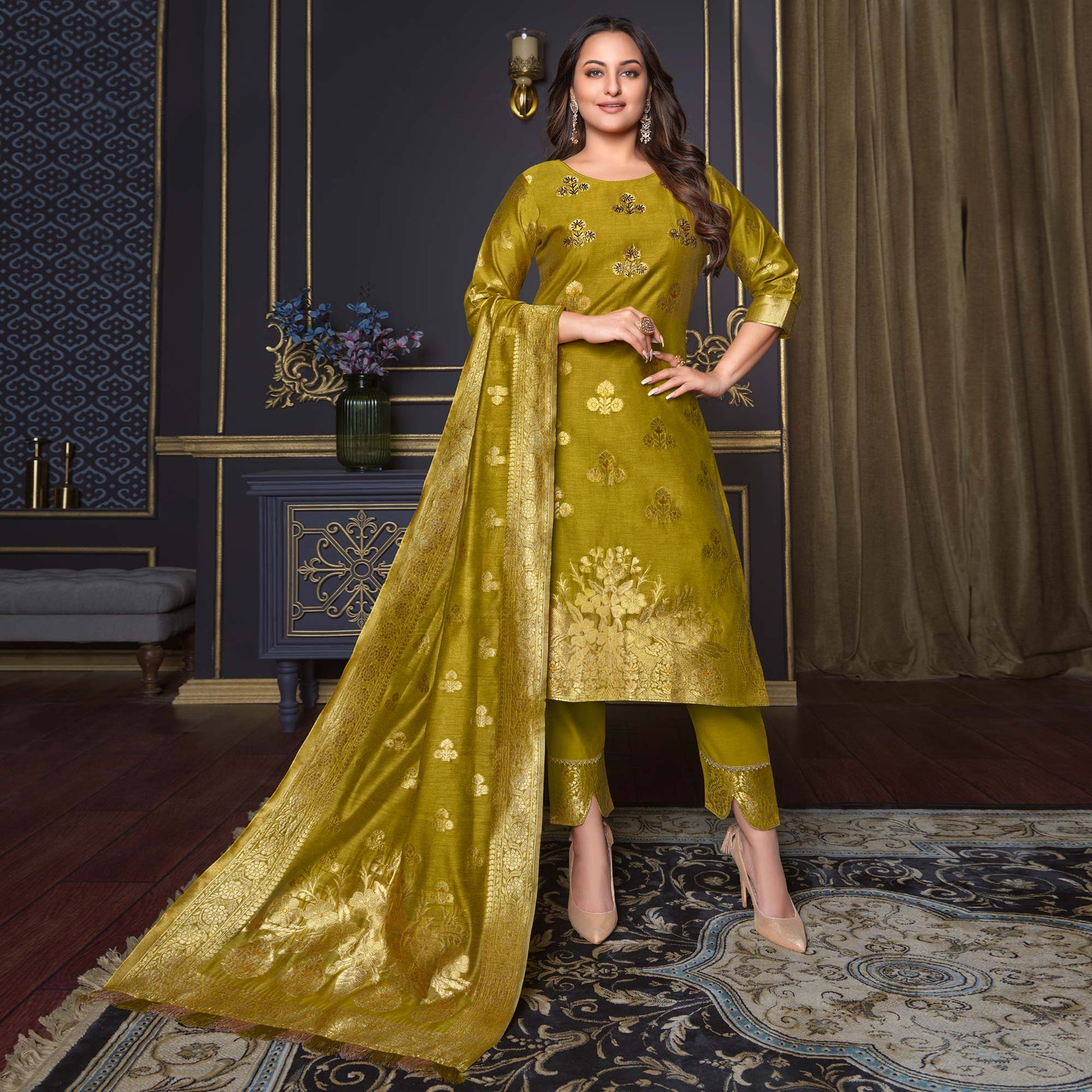 Mehendi Green Woven Banarasi Silk Salwar Suit
