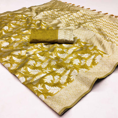 Mehendi Green Woven Cotton Silk Saree With Tassels