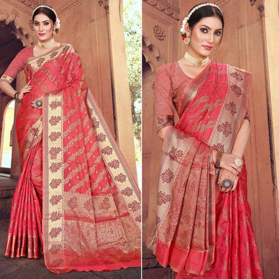 Gajari Pink Floral Woven Organza Saree