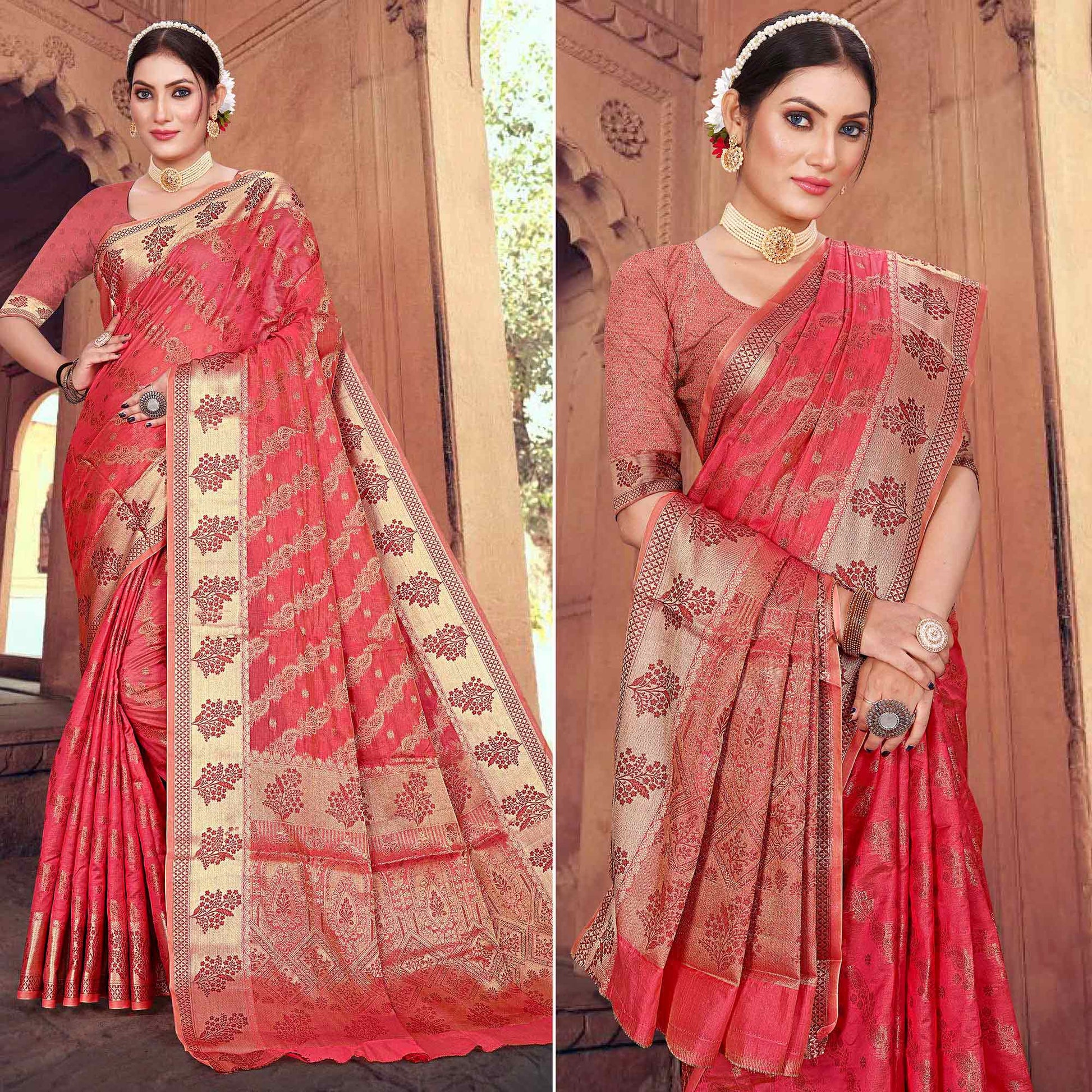 Gajari Pink Floral Woven Organza Saree