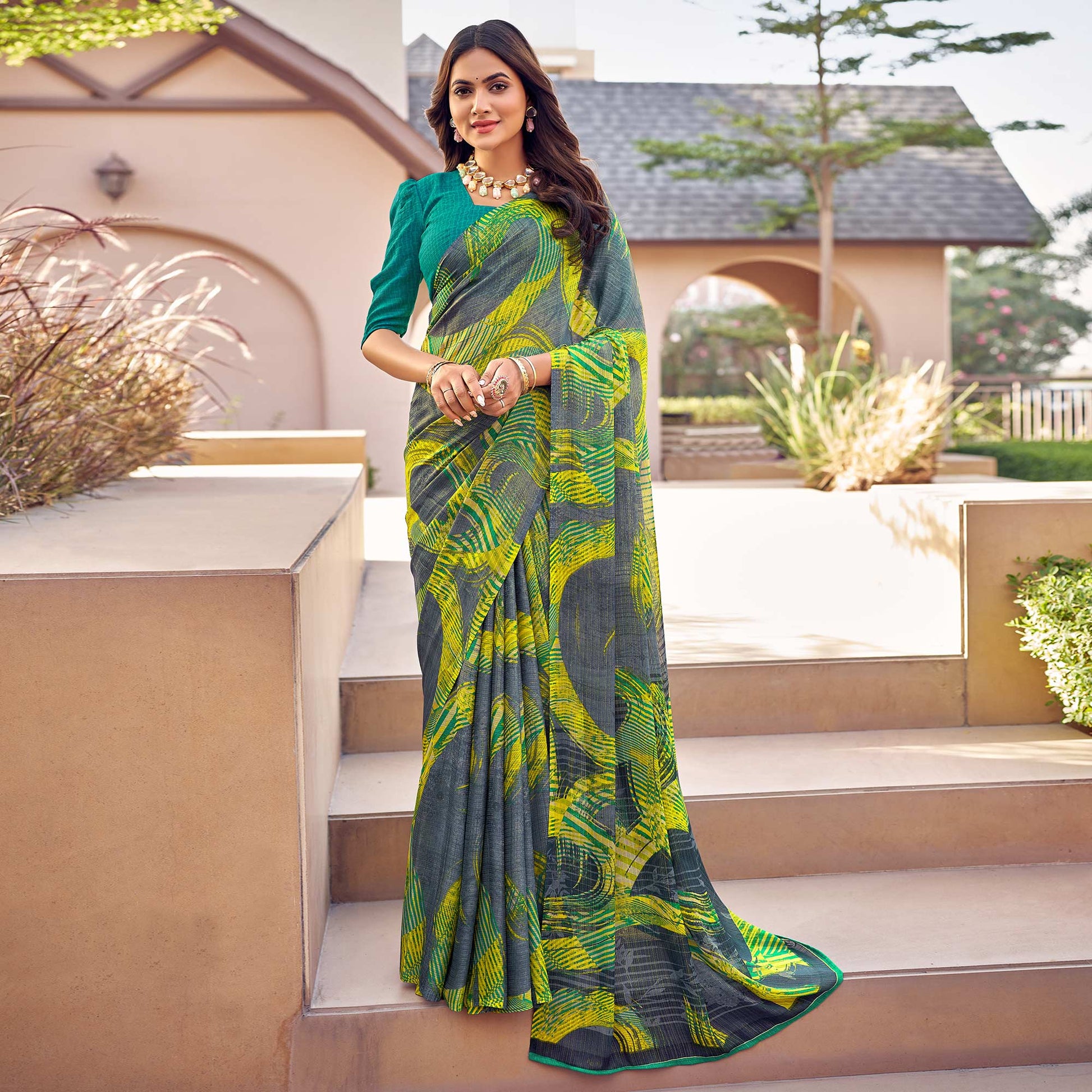 Grey Yellow Printed Chiffon Saree