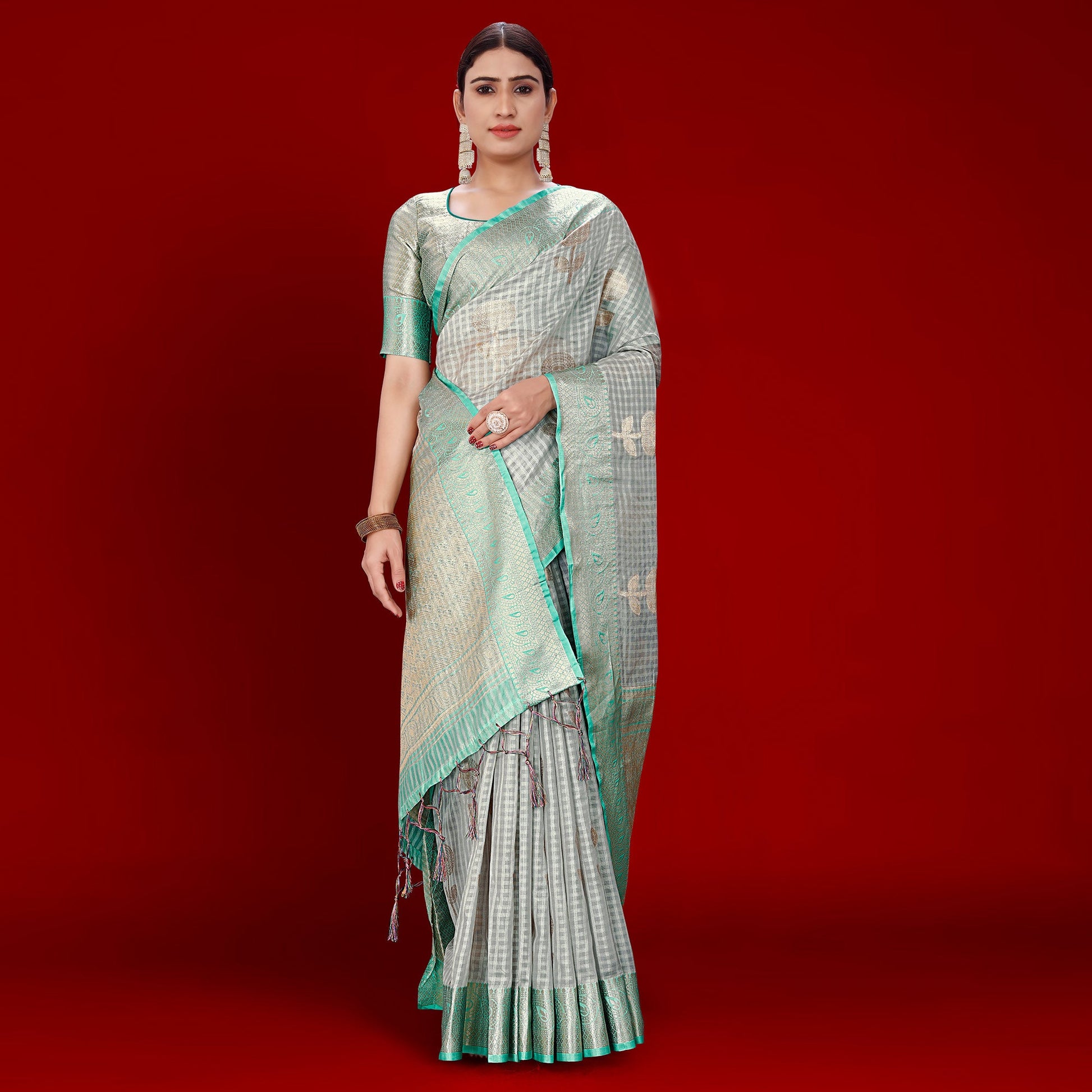 grey-floral-woven-organza-saree-with-tassels