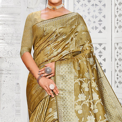 Mehendi Green Floral Woven Organza Saree With Tassels