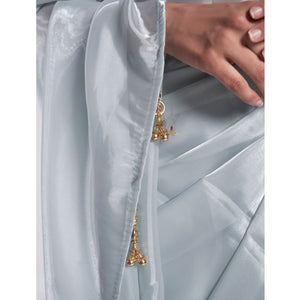 Grey Solid Organza Saree With Tassels