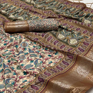 Light Brown Floral Digital Printed Pure Cotton Saree