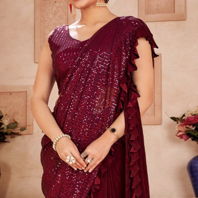 Maroon Sequins Embroidered Ready to Wear Lycra And Netted Saree