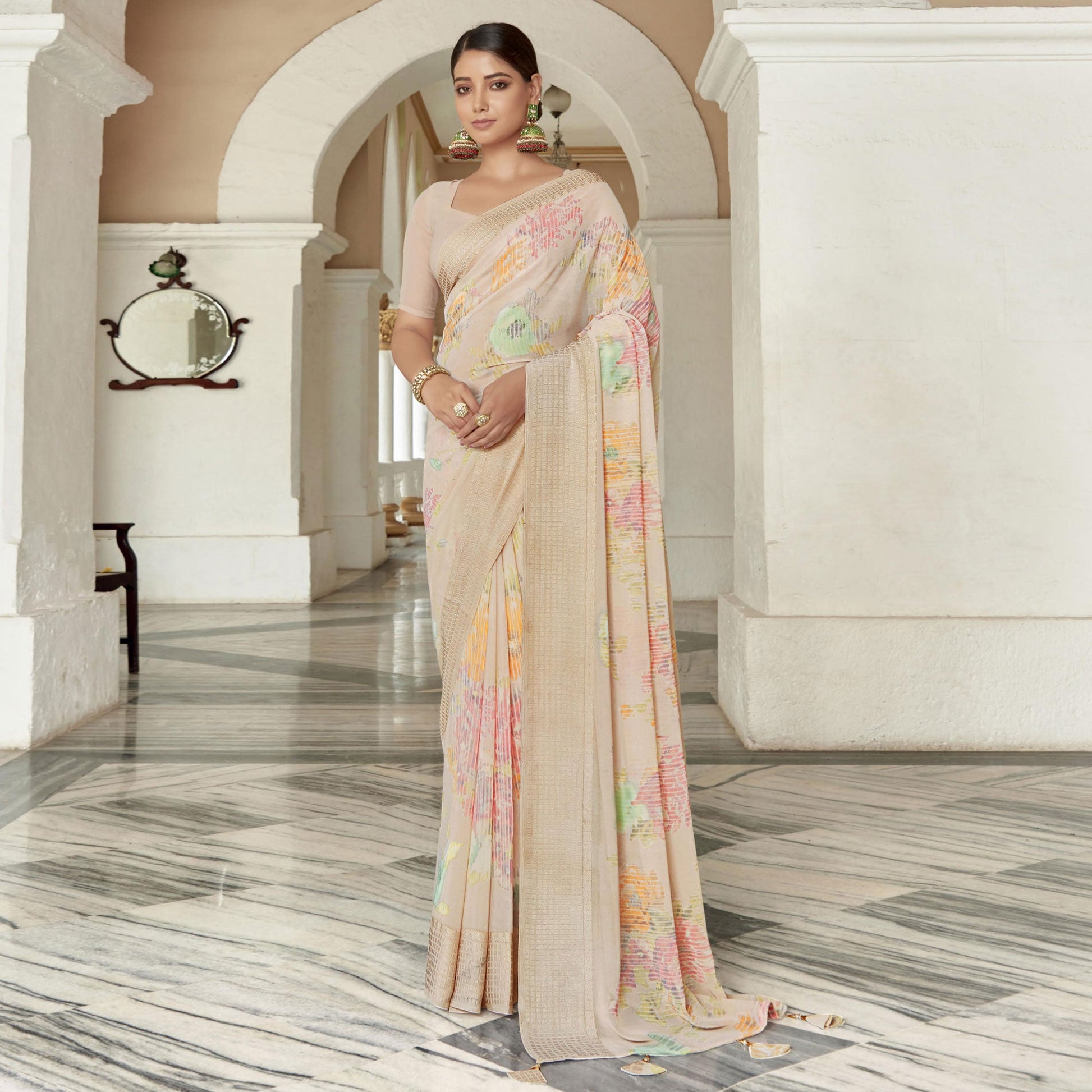 Light Peach Printed Georgette Saree With Checks Border