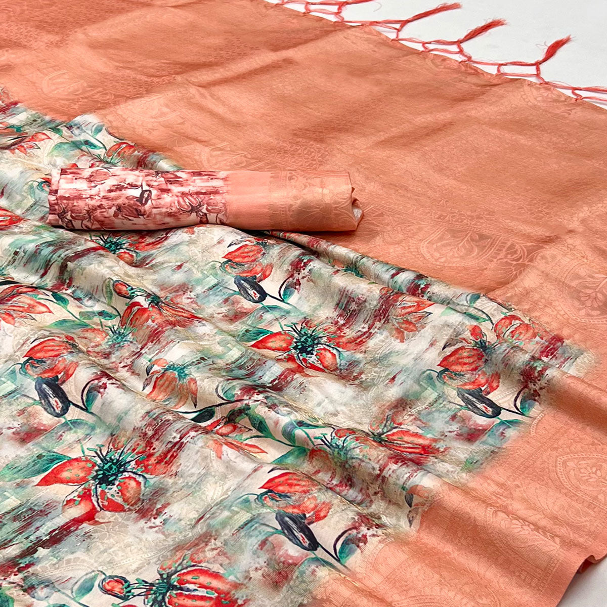 Multicolor Floral Digital Printed Jacquard Saree