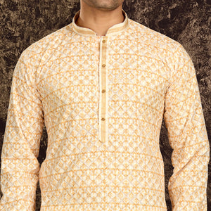 Light Yellow Lucknowi And Digital Printed Cotton Kurta Pyjama Set