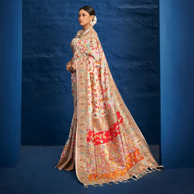 Cream Woven Art Silk Saree With Tassels