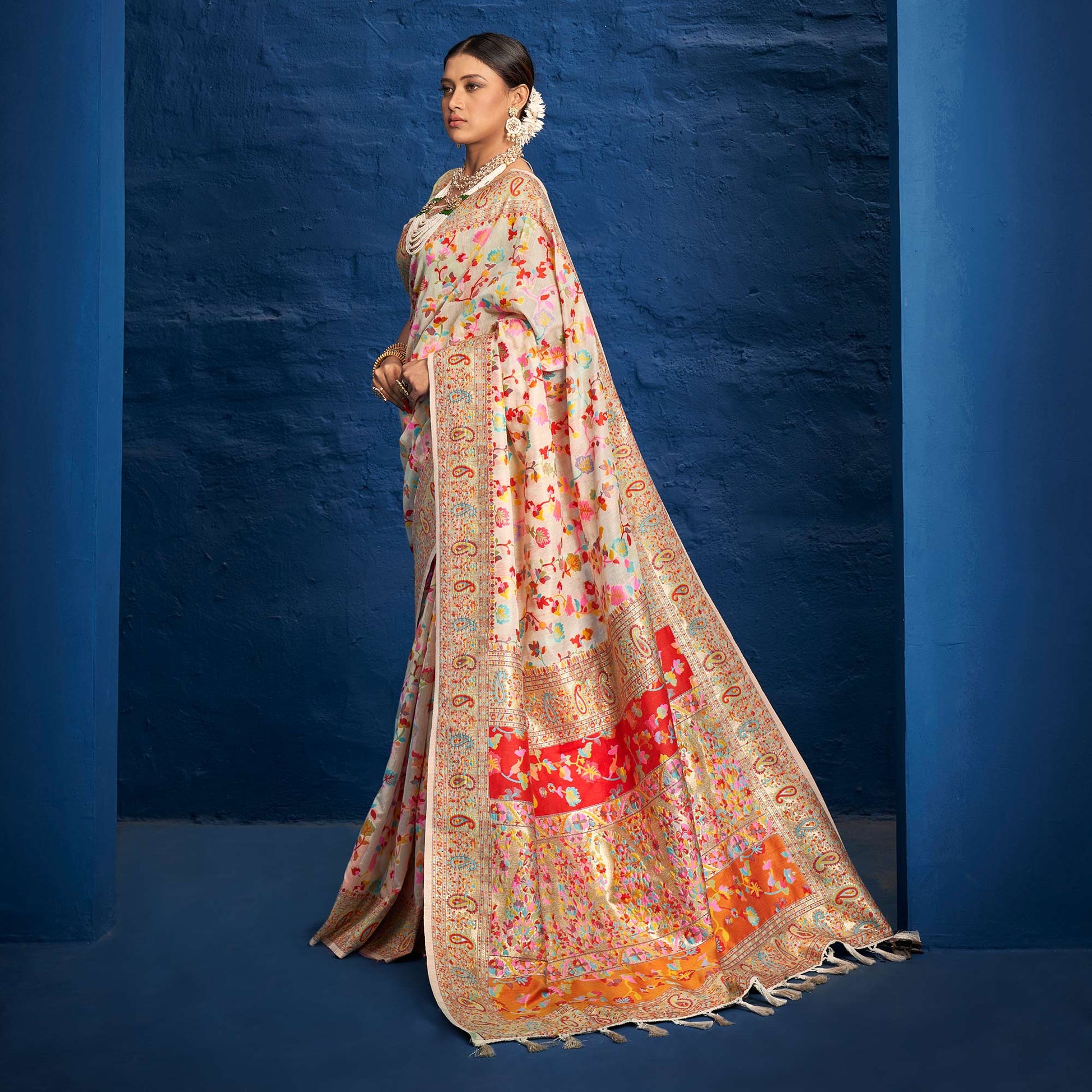 Cream Woven Art Silk Saree With Tassels