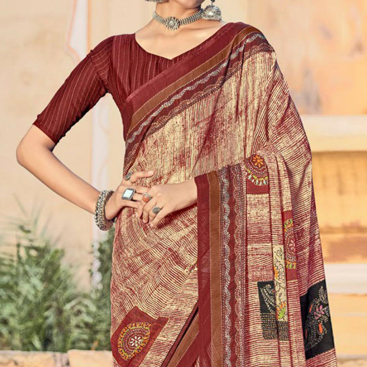Maroon Printed Georgette Saree