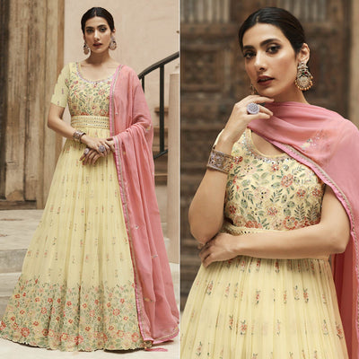 Light Yellow Sequins Floral Embroidered Georgette Semi Stitched Anarkali Suit