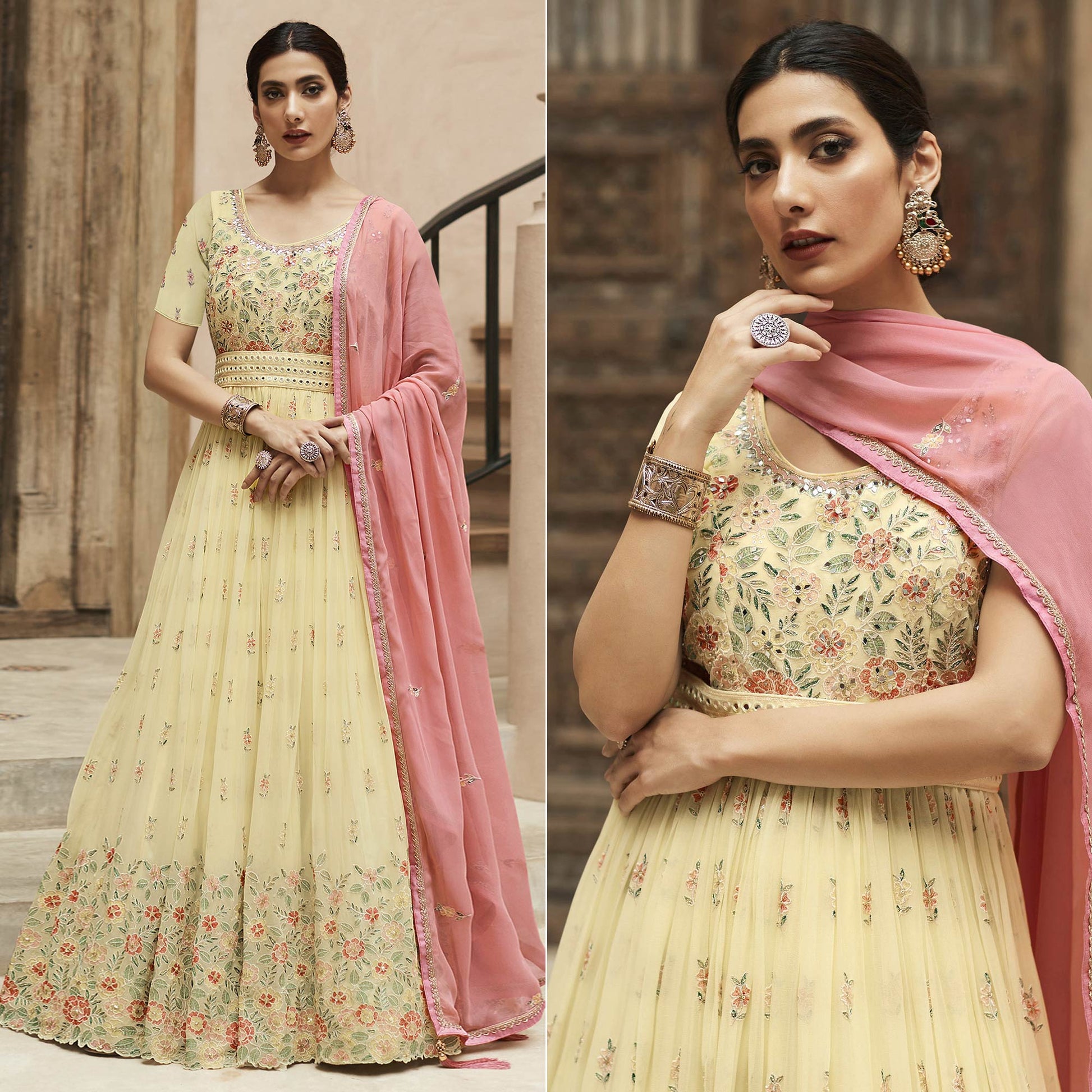 Light Yellow Sequins Floral Embroidered Georgette Semi Stitched Anarkali Suit