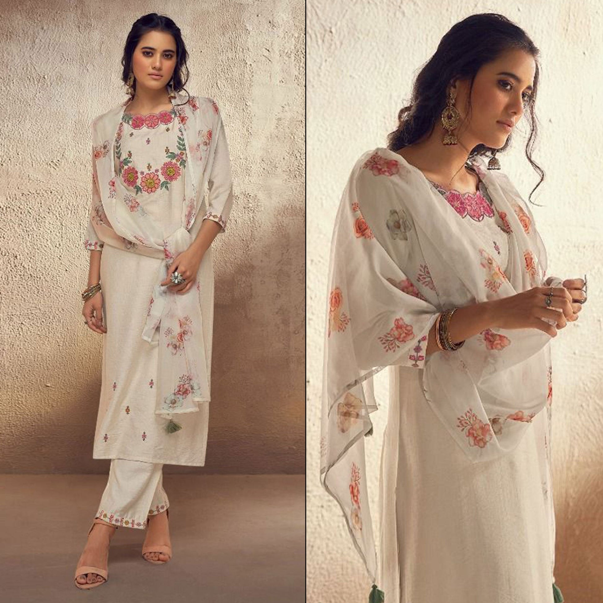 Cream Floral Embroidered Viscose Suit