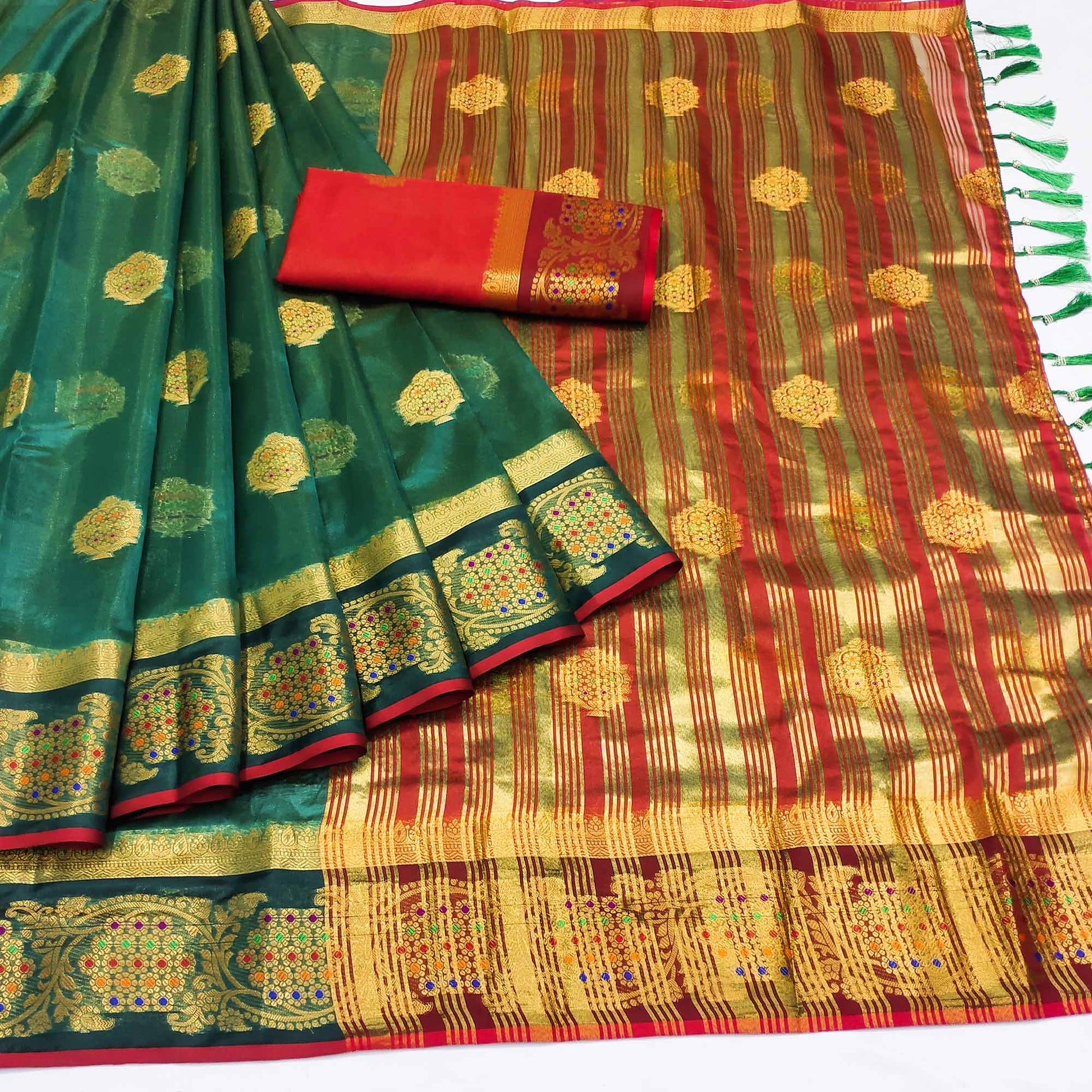 Dark Green Floral Woven Organza Saree With Tassels