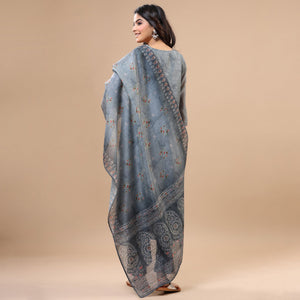 Grey Printed With Sequins Work Chanderi Salwar Suit