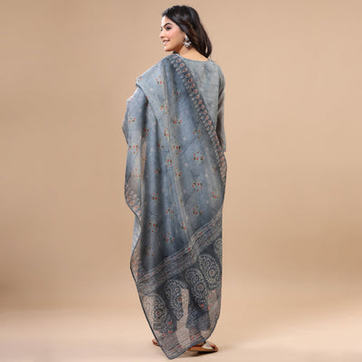 Grey Printed With Sequins Work Chanderi Salwar Suit