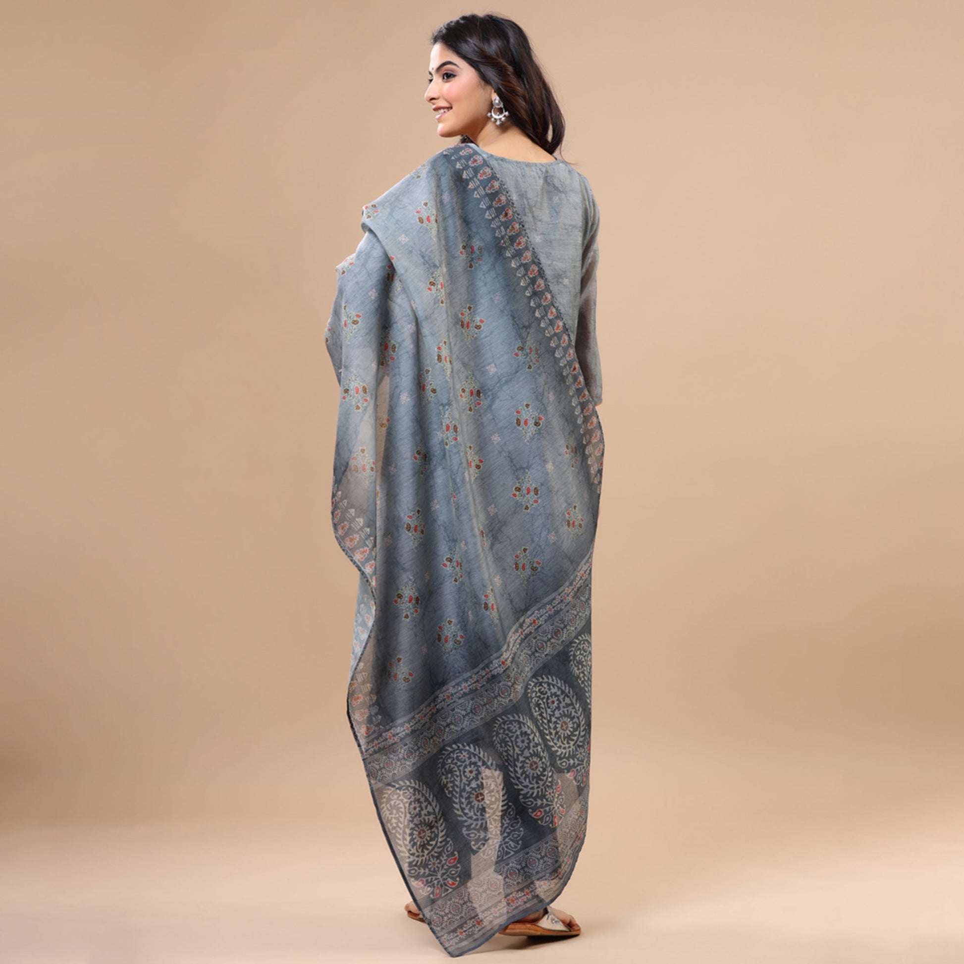 Grey Printed With Sequins Work Chanderi Salwar Suit