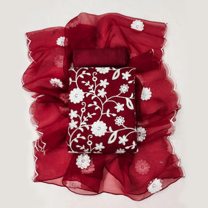 Maroon Floral Embroidered Organza Dress Material