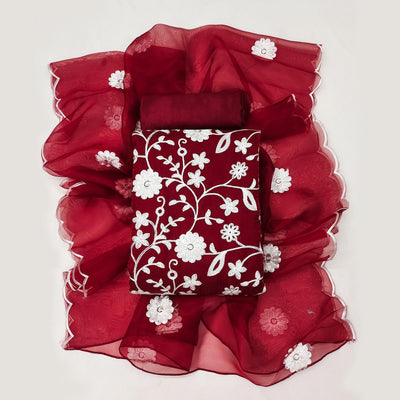 Maroon Floral Embroidered Organza Dress Material