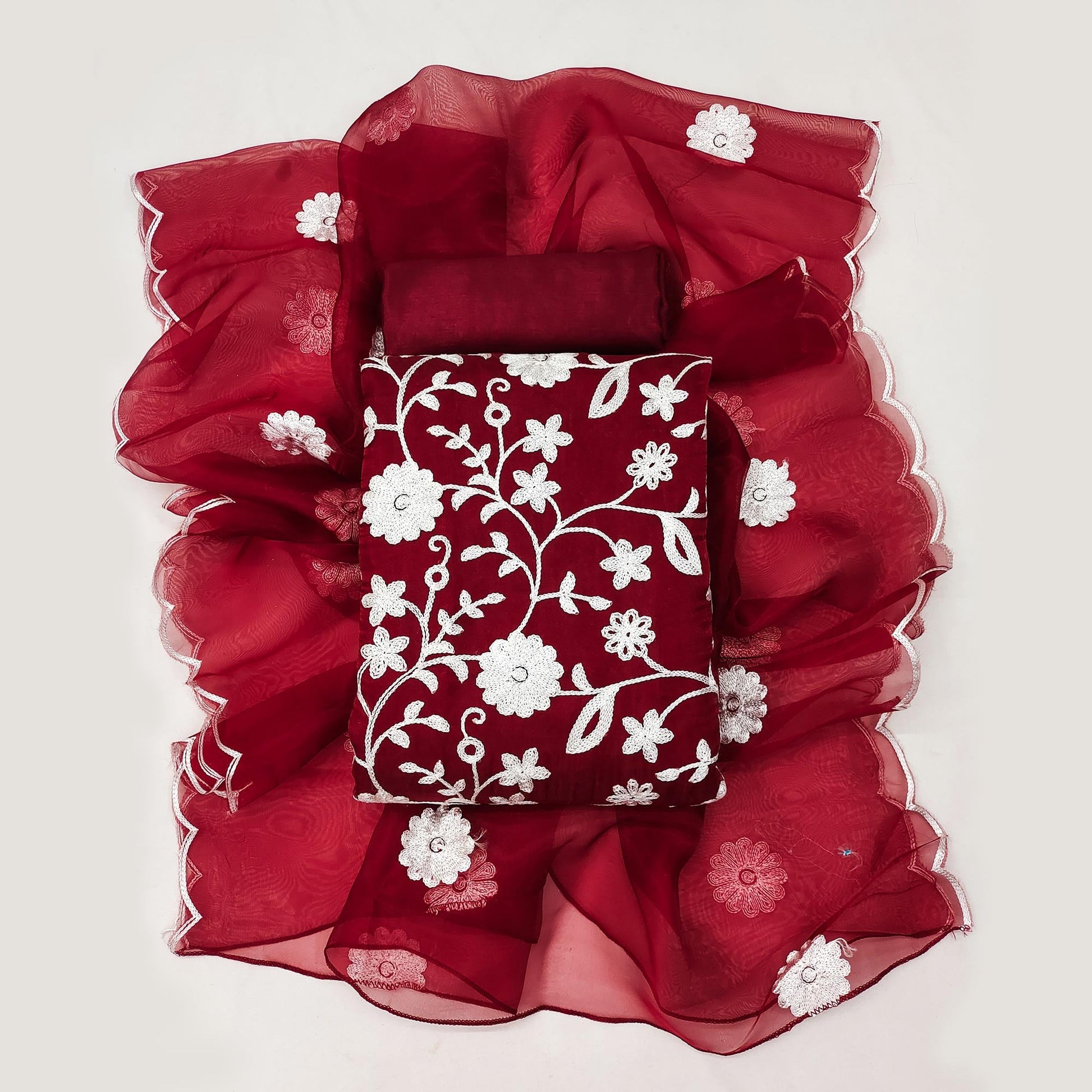 Maroon Floral Embroidered Organza Dress Material