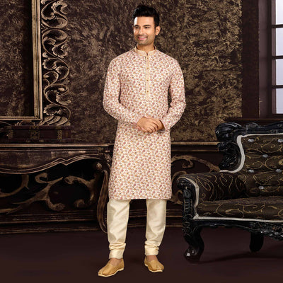 Cream Lucknowi And Digital Printed Cotton Kurta Pyjama Set