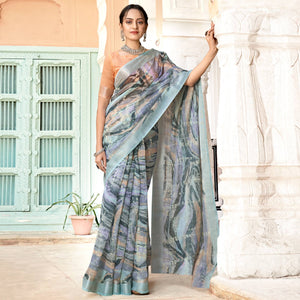 Grey Printed Cotton Blend Saree