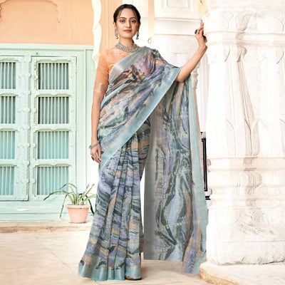 Grey Printed Cotton Blend Saree