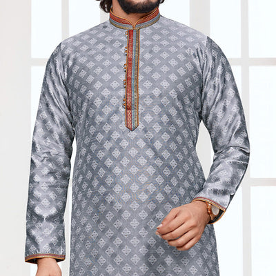 Grey Woven Jacquard Kurta Pyjama Set