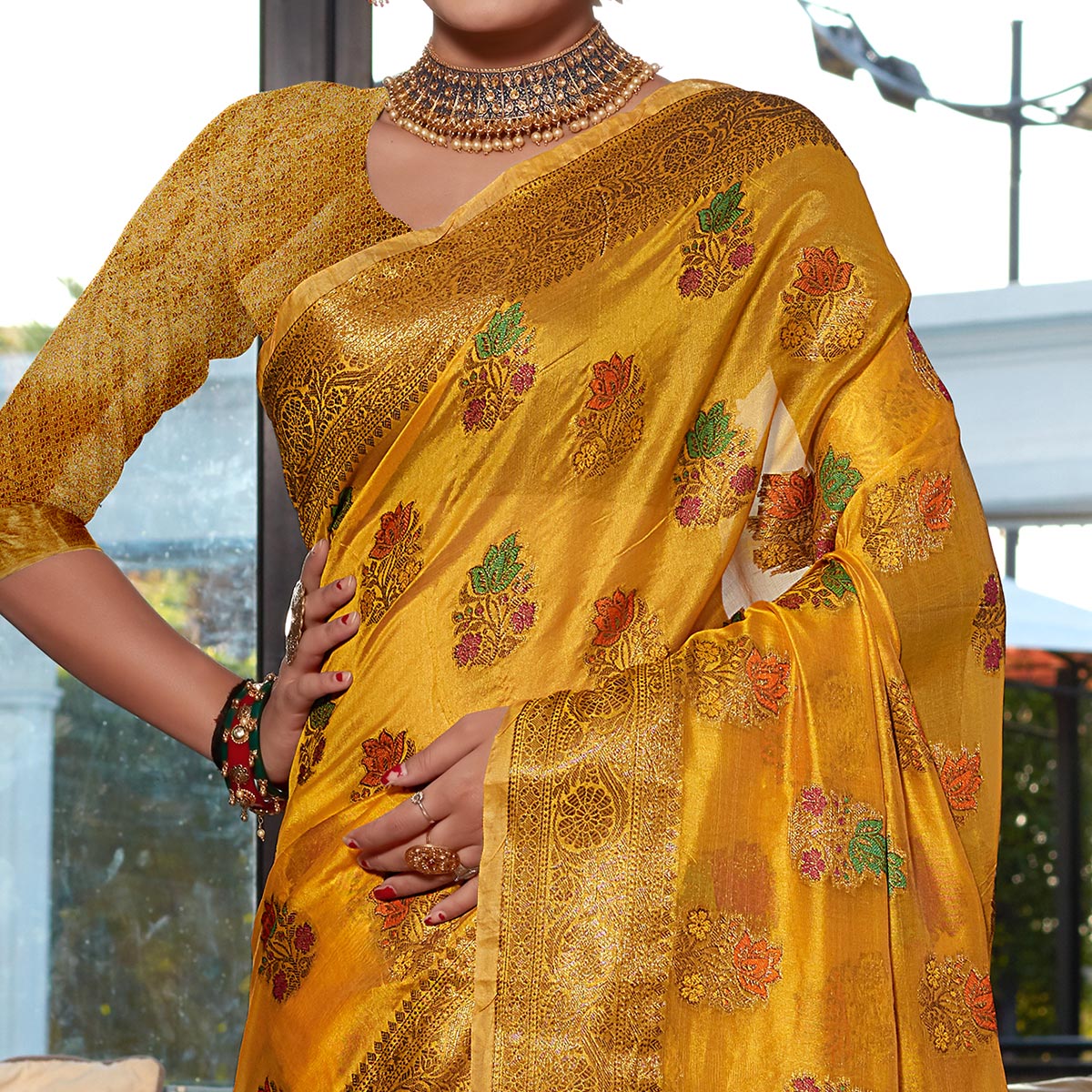 Light Mustard Floral Woven Organza Saree
