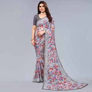 Grey Printed Georgette Saree With Crochet Border