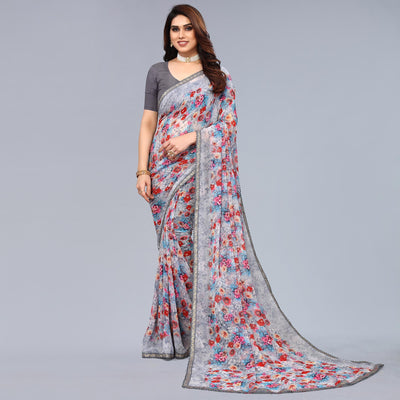 Grey Printed Georgette Saree With Crochet Border