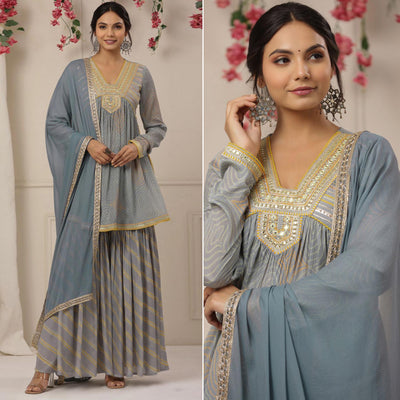 Grey Printed With Embroidered Chiffon Sharara Suit