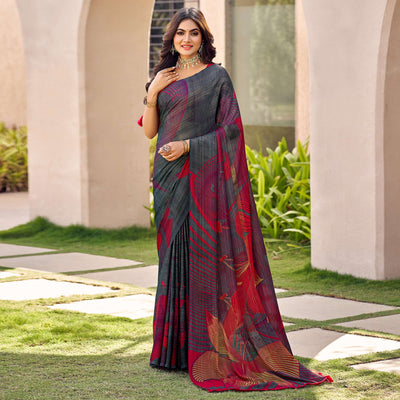 Grey Printed Chiffon Saree
