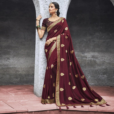 Maroon Woven Vichitra Silk Saree With Tassels