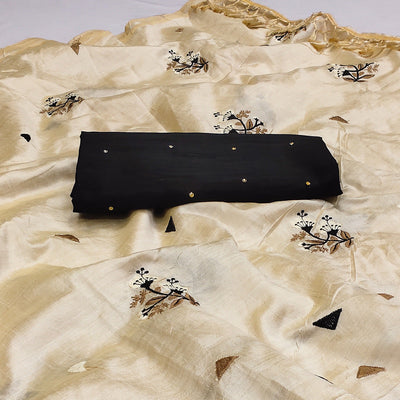 Cream Floral Embroidered Assam Silk Saree