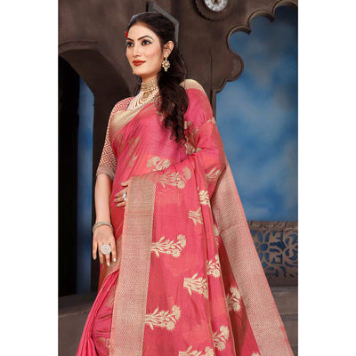 Gajari Pink Floral Woven Organza Saree