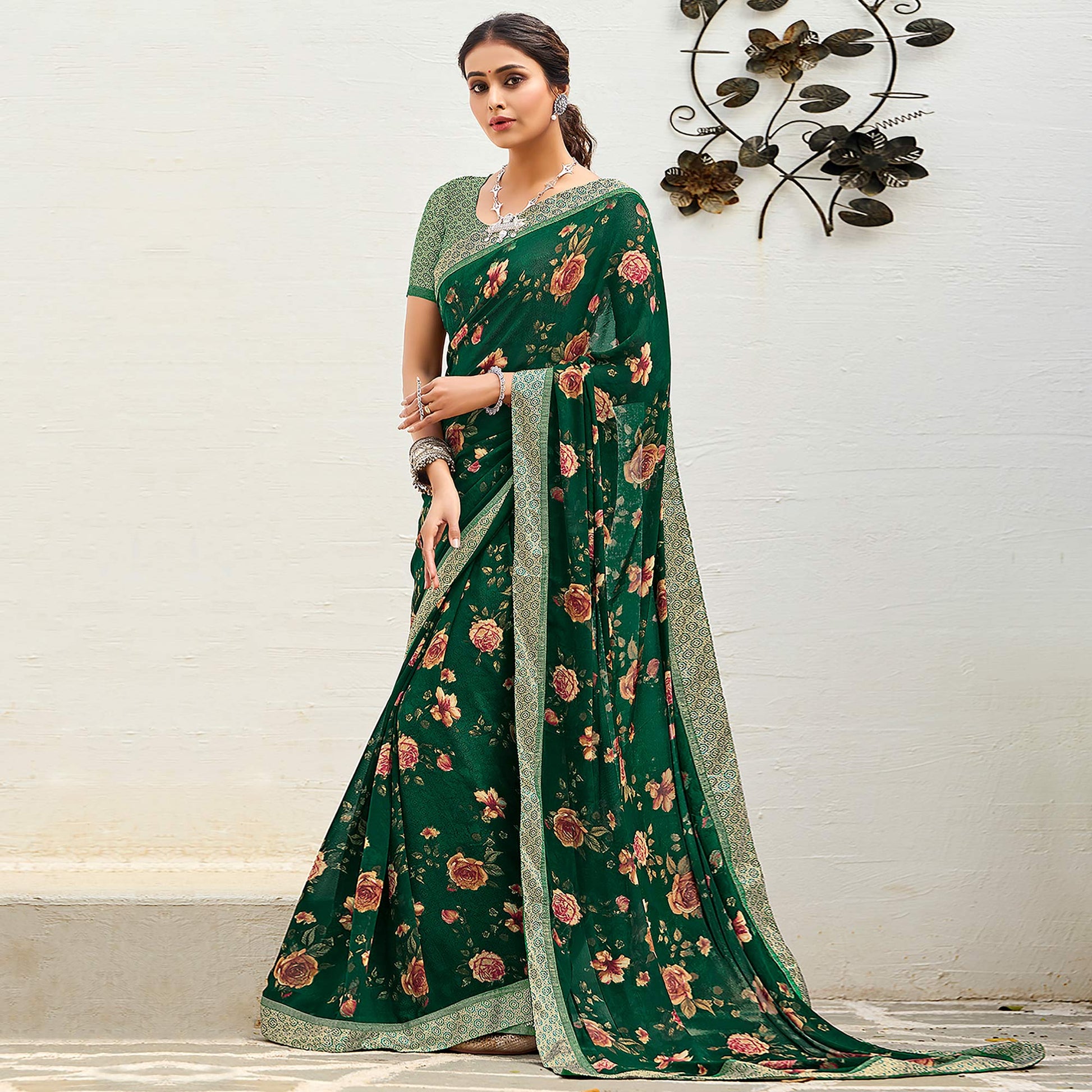 green-floral-printed-georgette-saree-5