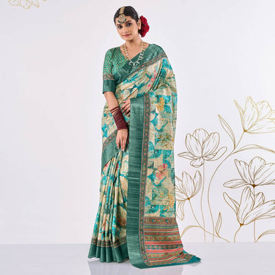 Cream & Blue Printed Art Silk Saree