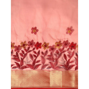 Maroon Floral Embroidered Organza Saree