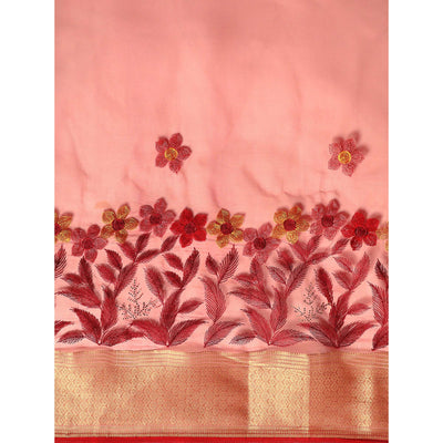 Maroon Floral Embroidered Organza Saree