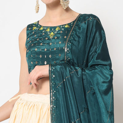 Cream Foil Printed Chiffon Lehenga Choli