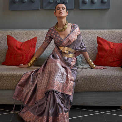 Grey Woven Tussar Silk Saree With Tassels