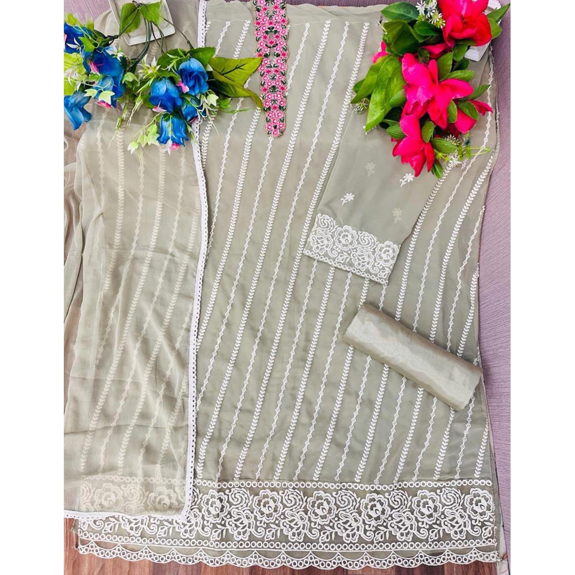 Fog Green Floral Embroidered Georgette Semi Stitched Suit